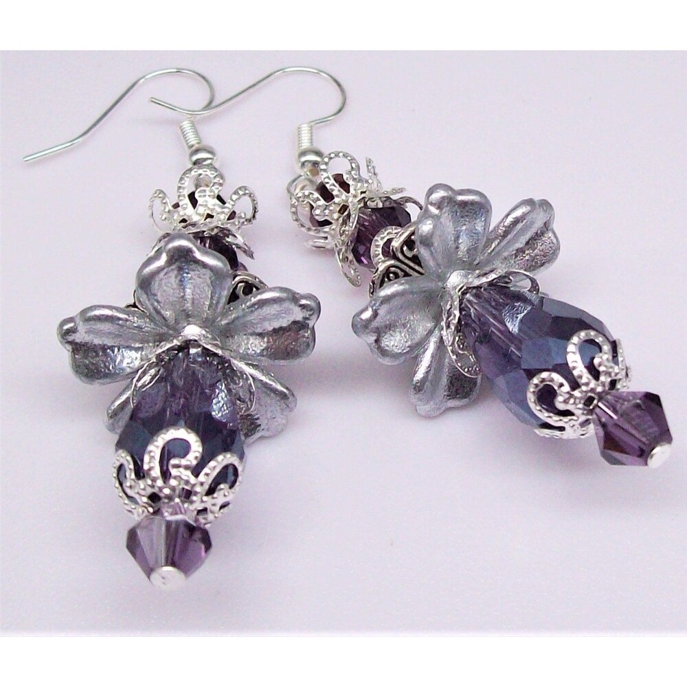 Vintage Style Victorian Dangle Earrings, Purple, Silver, Handmade Jewelry,